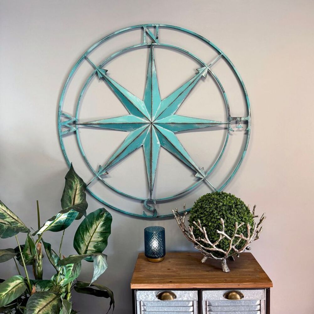 Zeckos 39 Inch Aqua Metal Compass Rose Wall Decor